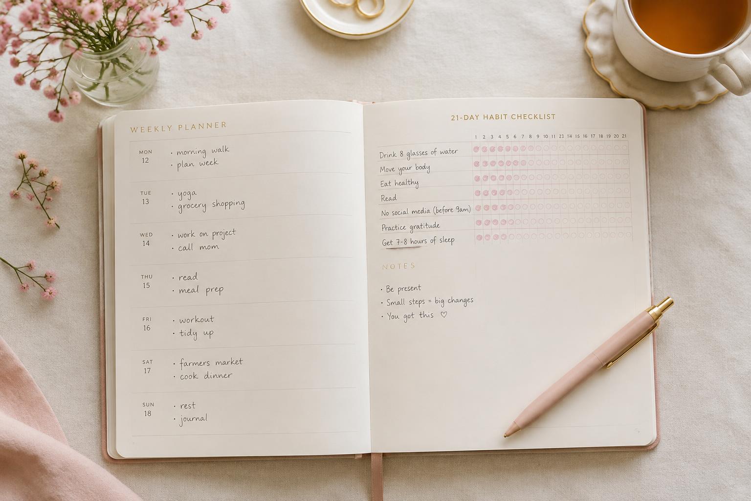 Planner semanal com checklist de hábitos de 21 dias